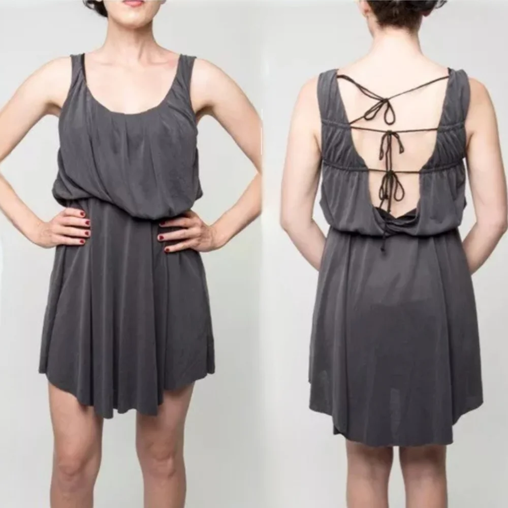 Free People charcoal new cupro true as love open tie back flowy mini dress L-1X - Picture 12 of 17